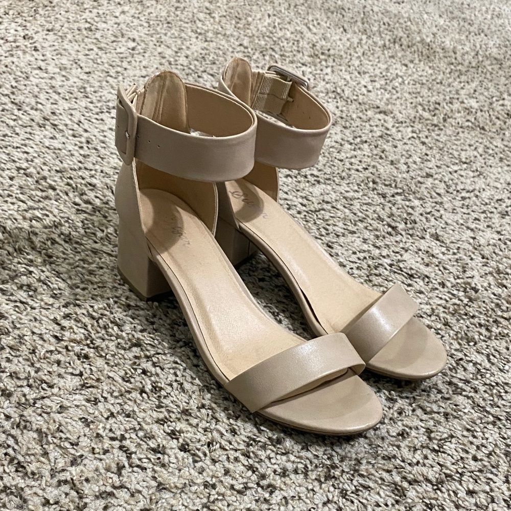 Nude 2” block heel sandal w/ ankle strap - worn as bridesmaid shoes a few times